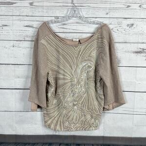 Akemi + Kin Top Shirt Womens Medium Knit Beaded Bird‎ Metallic Embroidered Boxy